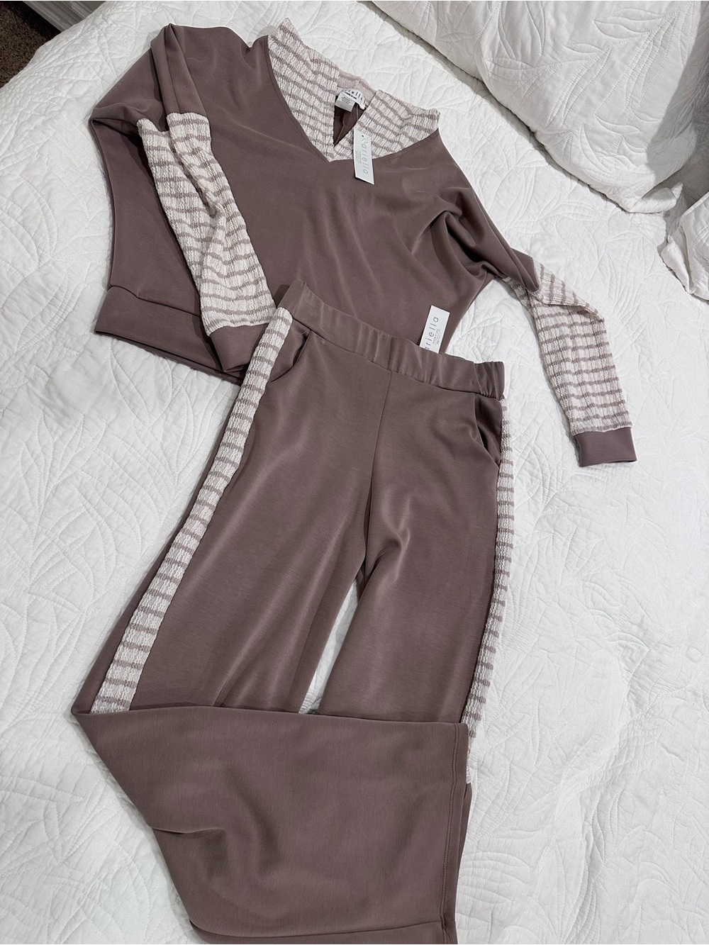 Ariella Taupe Lounge Wide Leg Pants & Pullover  buttery soft scuba Set